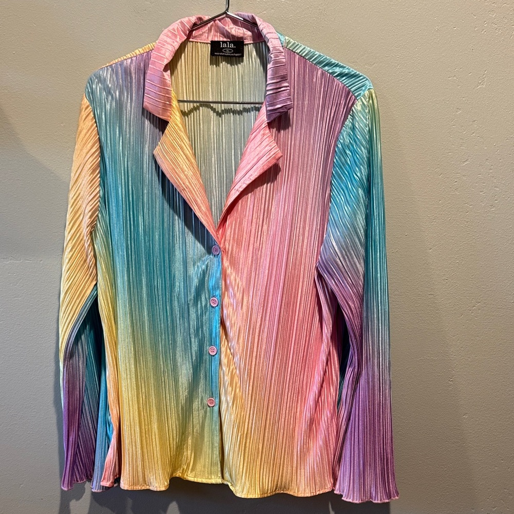Dressed in Lala Rainbow Multicolor Pleated Button-Front Women's Long Sleeve Top